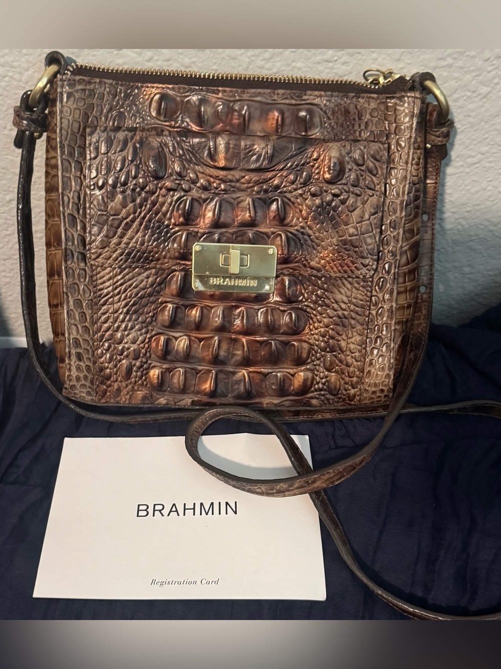 Brahmin Brown Croc-Embossed Crossbody with Gold Hardware.